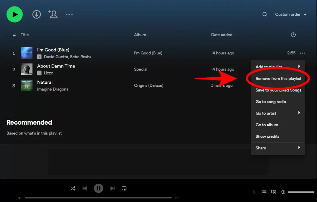 Click on remove from this playlist on Desktop